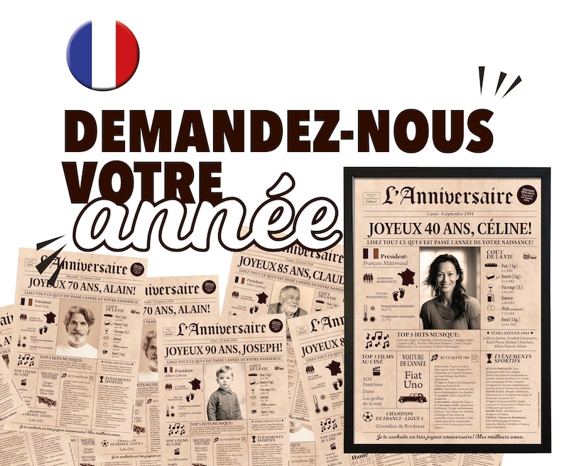 May include: A framed personalized newspaper poster titled L'Anniversaire featuring a sepia-toned vintage layout. The print includes a central portrait, the text JOYEUX 40 ANS, C&Eacute;LINE!, and various historical facts from the year of birth, including music, films, and sports.