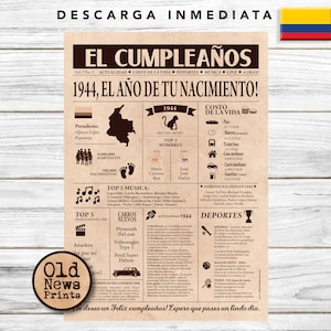 Regalos para Celebrar 81 Años: Portadas Vintage y Periódicos de Cumpleaños. Portada Año de Nacimiento en Colombia 1944.