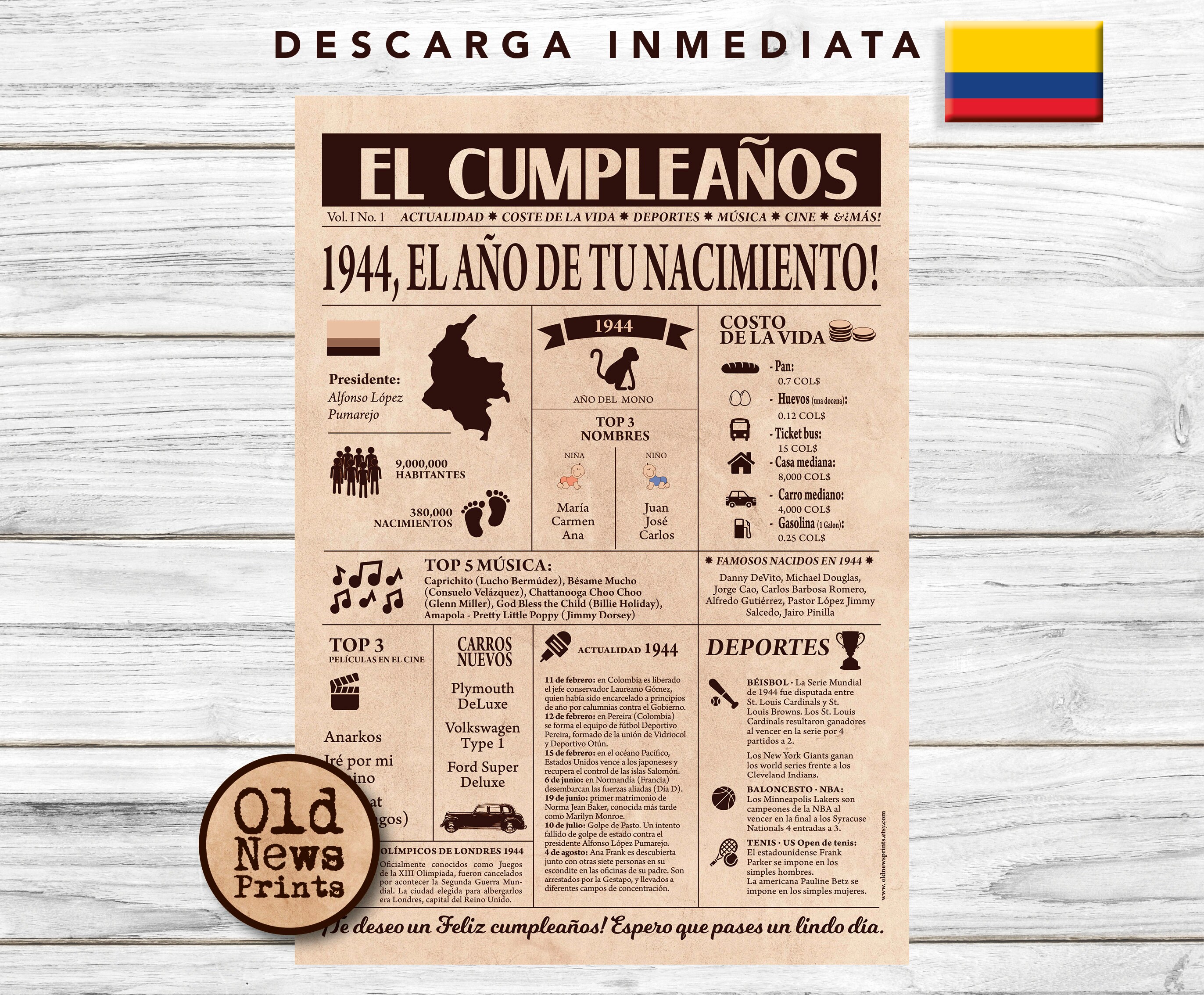 Regalos para Celebrar 81 Años: Portadas Vintage y Periódicos de Cumpleaños. Portada Año de Nacimiento en Colombia 1944.