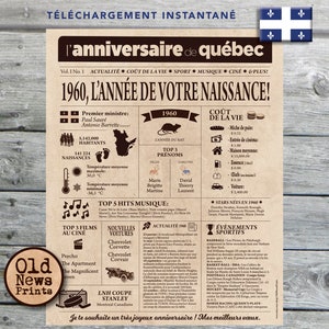 Journal de naissance Québec 1960 - Affiche année de naissance, anniversaire 65 ans, decoración fête anniversaire, cadeau 65 ans, CANADÁ