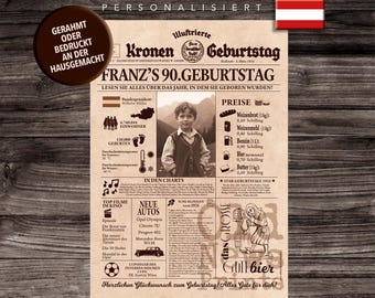 May include: A vintage-style newspaper design with a headline that reads "Franz's 90th Birthday". The newspaper is decorated with illustrations of a crown, a beer stein, and a loaf of bread. The text includes information about the year 1935, including prices for bread, wheat flour, gasoline, beer, and butter. The newspaper also includes a list of popular movies and cars from 1935.