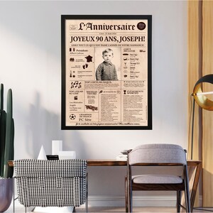 May include: A framed poster titled L'Anniversaire featuring a vintage newspaper layout from 1936. It includes a central black and white photograph of a young child, historical facts, music hits, and sports events from that year, all printed on aged paper.