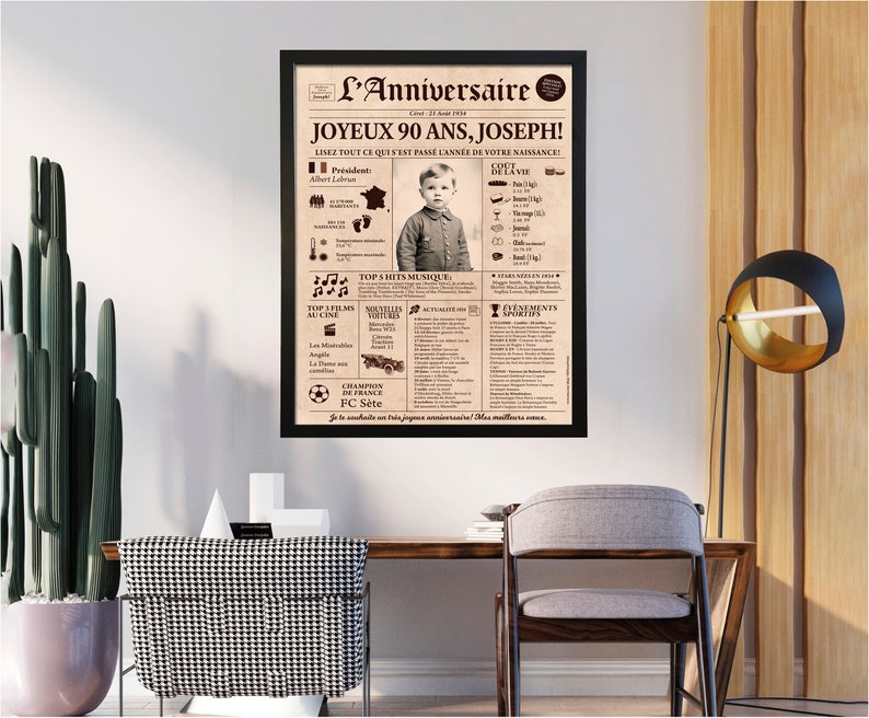 May include: A framed poster titled L'Anniversaire featuring a vintage newspaper layout from 1936. It includes a central black and white photograph of a young child, historical facts, music hits, and sports events from that year, all printed on aged paper.