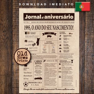 1995 ジャーナル ヴィンテージ ポルトガル | Cartaz Presente Aniversário 30 年 | Instantâneo をダウンロード |新聞、パーソナライズされたギフト |直前のギフト