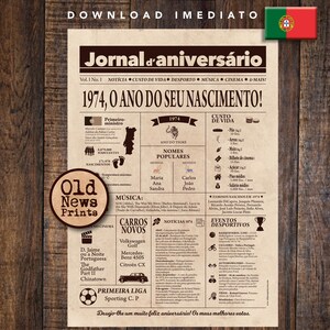 1974 Jornal Vintage Portugal | Cartaz Presente Aniversário 51 anos | Download Instantâneo | Newspaper, Personalized gift | Last minute gift