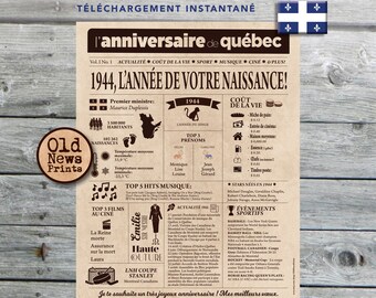 Affiche 1944  QUÉBEC - Affiche année de naissance, anniversaire 80 ans, décoration fête anniversaire, cadeau 80 ans, CANADA