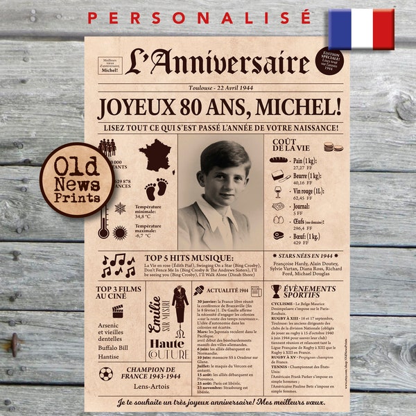 Journal de naissance 1944 - Affiche année de naissance, anniversaire 80 ans, decoración fête anniversaire, cadeau 80 ans, journal français