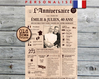 Noces d'émeraude, Anniversaire mariage, Affiche journal rétro, 40 ans mariage, Cadeau couple, Affiche personnalisée, 1983, Journal français