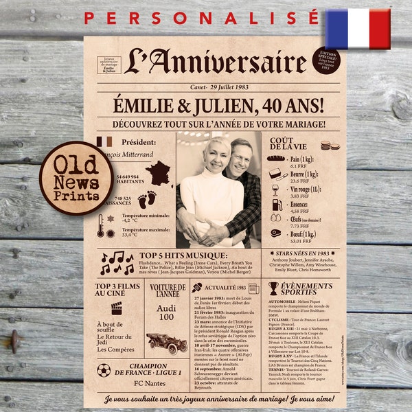 Noces d'émeraude, Anniversaire mariage, Affiche journal rétro, 40 ans mariage, Cadeau couple, Affiche personnalisée, 1983, Journal français