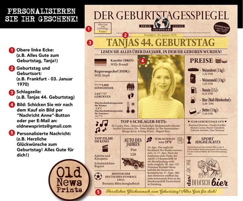 60th Birthday gift, Personalized Birthday newspaper poster, Born in 1964, German Birthday gift, Birthday party decoration, 60 years old image 6