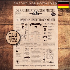 May include: A vintage-style newspaper clipping with the headline "Der Geburtstagespiegel" and the year "1943" in bold. The clipping includes information about the year 1943, such as top baby names, prices of goods, and popular songs. The clipping is designed to look like a newspaper from the 1940s.