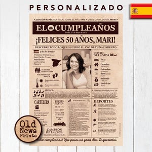 Portada vintage del año 1975 - El regalo personalizado para los nacidos en España que cumplen 50 años - 50th Birthday Newspaper Poster.