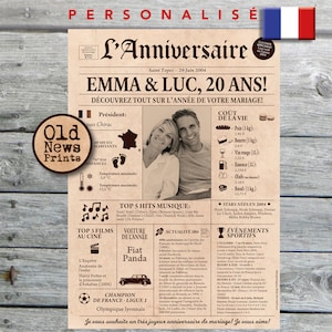 Cadeau anniversaire de mariage, Affiche journal rétro, Cadeau anniversaire, Cadeau coppia, Affiche personnalisée, 2004, Journal français