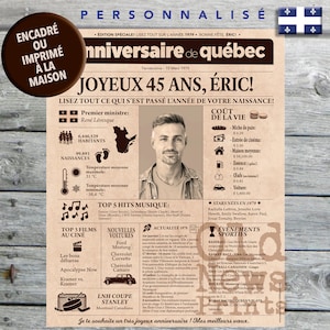 Journal de naissance Québec 1979 - Affiche année de naissance, cadeau pour homme 45 ans, décoration fête anniversaire, cadeau 60 ans, CANADA