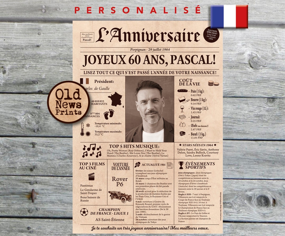 Cadeau 60 ans, Affiche journal rétro, Cadeau anniversaire, Cadeau homme ...