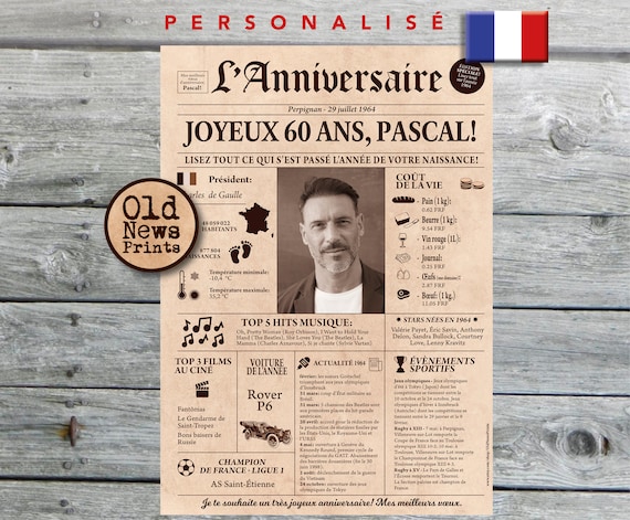 Cadeau 60 Ans, Affiche Journal Rétro, Cadeau Anniversaire, Cadeau Homme 60  Ans, Affiche Personnalisée, Né En 1964, Affiche Journal Français 