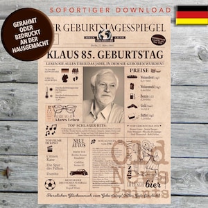 May include: A sepia-toned birthday newspaper print featuring a portrait of a man, with text in German. The print includes headlines, prices, and information about the year 1941. The print is on a wooden background.