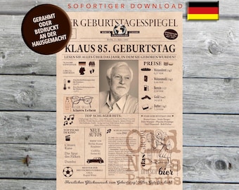 May include: A sepia-toned birthday newspaper print featuring a portrait of a man, with text in German. The print includes headlines, prices, and information about the year 1941. The print is on a wooden background.