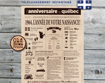 Affiche 1964  QUÉBEC - Affiche année de naissance, anniversaire 60 ans, décoration fête anniversaire, cadeau 60 ans, CANADA