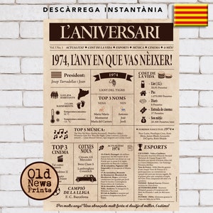 Back in 1974 Newspaper Sign - 51th Birthday Gift - Regal d'aniversari personalitzat: Cartell de diari vintage de Catalunya (1974)