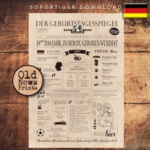 May include: A vintage newspaper-style printable poster with a brown background and a yellow and black German flag in the top right corner. The poster is titled "Der Geburtstagsspiegel" and features a timeline of events from 1977, including top songs, movies, and cars. The poster also includes prices for common goods in 1977, such as bread, butter, and gasoline.