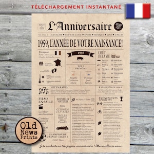 Cadeau 66 ans, Affiche journal rétro, Cadeau anniversaire, Cadeau homme 66 ans, Affiche personnalisée, Né en 1959, Affiche journal français