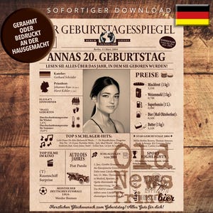 20th Birthday gift, Geburtstagszeitung, Personalized newspaper, Digital download, born in 2004, Zeitungsposter deutsch