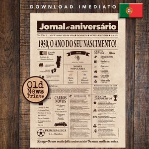 1950 Jornal Vintage Portugal | Cartaz Presente Aniversário 75 anos | Download Instantâneo | Newspaper, Personalized gift | Last minute gift