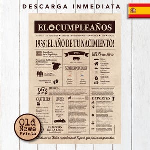 90 Años Celebración: Portada Vintage Periódico Cumpleaños, Año de Nacimiento en España, 1935 Regalo Único