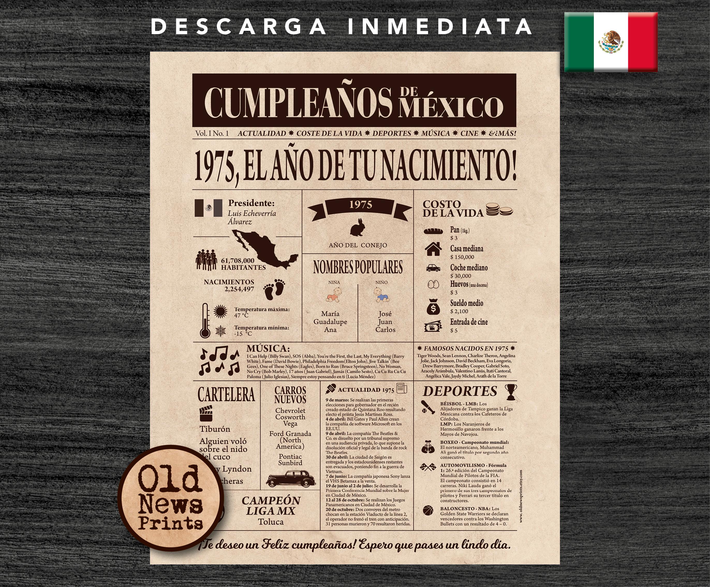 50 ans Célébration : Portada vintage Periódico Cumpleaños, Año de Nacimiento en México, 1975 Regalo Único