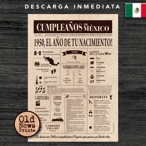 Celebração de 75 Anos: Portada Vintage Periódico Cumpleaños, Ano de Nacimiento no México, 1950 Regalo Único