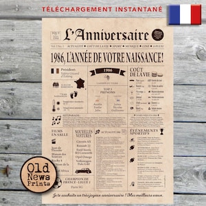 Könnte beinhalten: Ein Print im Vintage-Stil mit der Überschrift "L'Anniversaire" und dem Jahr "1986". Das Design enthält Text und Grafiken, die Ereignisse, Kosten und Populärkultur aus diesem Jahr detailliert darstellen. Eine französische Flagge befindet sich in der oberen rechten Ecke.