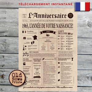 Affiche 1965, Affiche année de naissance, Cadeau anniversaire 60 ans, Décoration fête anniversaire, Journal rétro, Affiche personnalisée