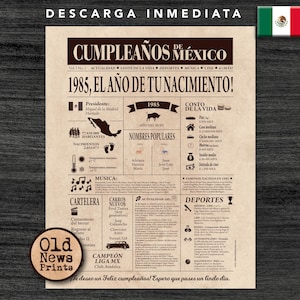 40 Años Celebración: Portada Vintage Periódico Cumpleaños, Año de Nacimiento en México, 1985 Regalo Único. Back to 1985