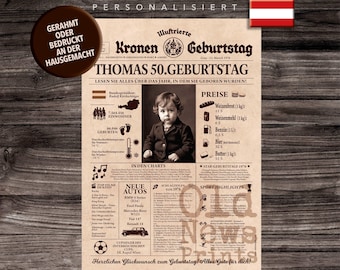Österreich Geburtstagsposter Personalisiert – 50. Geburtstag, Vintage Geburtstagszeitung, Geburtstagsgeschenk, Geburtstagsdeko