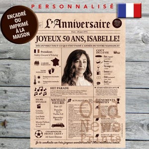Cadeau femme 50 ans, Cadeau anniversaire, Affiche Journal Rétro, Cadeau 50 ans, Affiche Personnalisée, Né en 1975, Affiche Journal Français