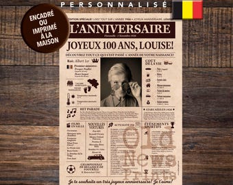 Cadeau d’anniversaire 100 ans | BELGIQUE | Affiche personnalisée | Idée cadeau Unique