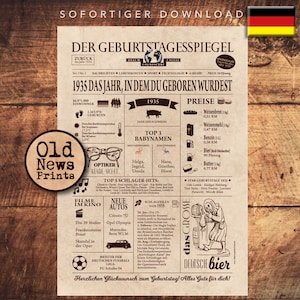 May include: A vintage newspaper-style poster with the headline "Der Geburtstagsspiegel" and the text "1935 Das Jahr, in dem du geboren wurdest." The poster features a black and white illustration of a man in a hat and a woman in a dress, along with a variety of other illustrations and text.