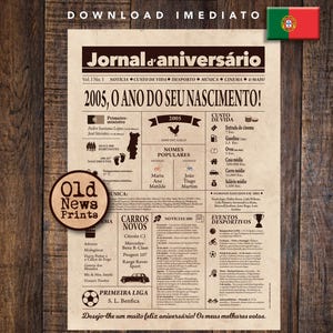 2005 Jornal Vintage Portugal | Cartaz Presente Aniversário 20 anos | Download Instantâneo | Newspaper, Personalized gift | Last minute gift