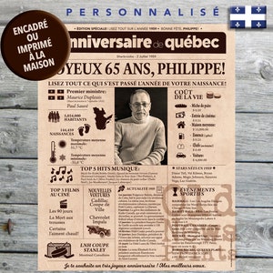 Journal de naissance Québec 1959 - anniversaire 65 ans, Affiche année de naissance, décoration fête anniversaire, cadeau 65 ans, CANADA