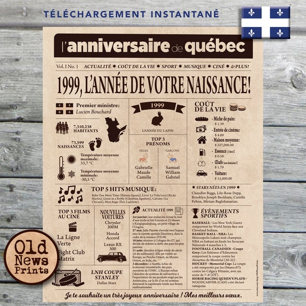 Journal de naissance Québec 1999 - Affiche année de naissance, anniversaire 25 ans, décoration fête anniversaire, cadeau 25 ans, CANADA