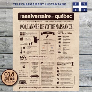 Journal de naissance Québec 1990 - Affiche année de naissance, anniversaire 35 ans, décoration fête anniversaire, cadeau 35 ans, CANADA