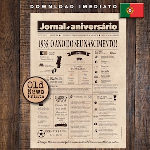 1935 ジャーナル ヴィンテージ ポルトガル | Cartaz Presente Aniversário 90 年 | Instantâneo をダウンロード |新聞、パーソナライズされたギフト |直前のギフト