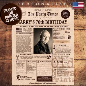 70th Birthday Newspaper Poster, 70th Birthday Gift for Him or Her, Milestone Birthday, Gifts for Men, Gifts for Women, Back in 1954