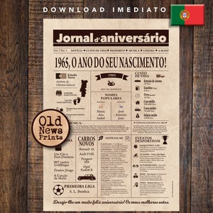 1965 ジャーナル ヴィンテージ ポルトガル | Cartaz Presente Aniversário 60 アノス | Instantâneo をダウンロード |新聞、パーソナライズされたギフト |直前のギフト