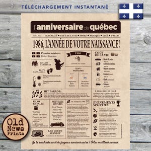 Affiche 1986 QUÉBEC - Affiche année de naissance, anniversaire 39 ans, décoration fête anniversaire, cadeau 39 ans, CANADA