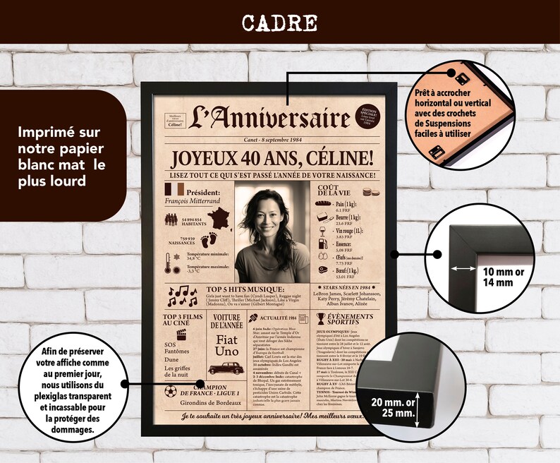 Journal de naissance personnalisé, affiche vintage année de naissance, idée cadeau 40 ans, décoration anniversaire, journal français image 7