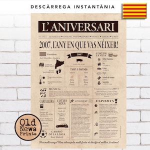 Poster 2007 - Cartell any de naixement, cumpleaños 18 años, idea regalo barato, decoración fiesta cumpleaños, last minute gift