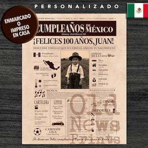 Portada vintage del año 1925 - El regalo personalizado para los nacidos en México que cumplen 100 años - 100th Birthday Newspaper Poster.