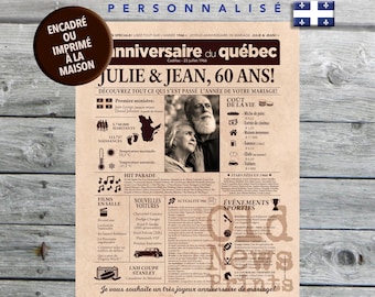 Cadeau anniversaire de mariage, Affiche journal rétro, Cadeau anniversaire, Cadeau couple, Affiche personnalisée, Journal français